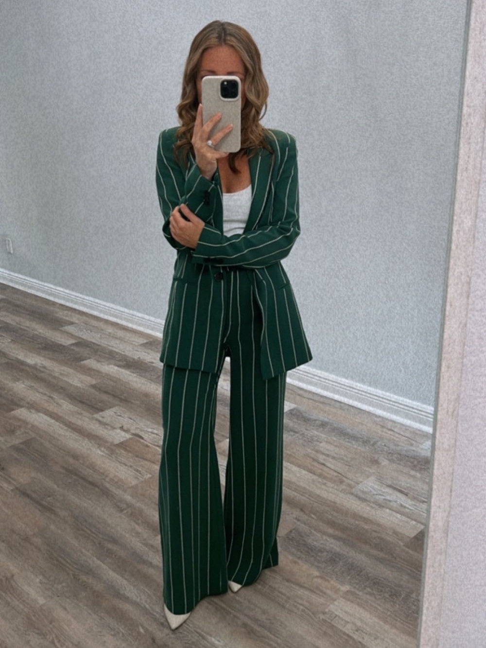 H&M Green Pinstripe Wide-Leg Pants & Blazer Set 0